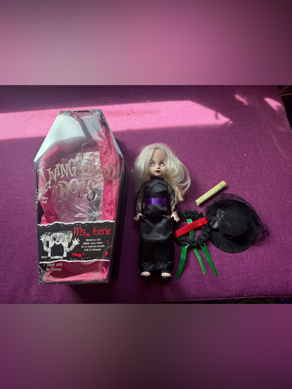 Living Dead Dolls Series Miss Eerie Doll with Coffin Box - Black & Purple